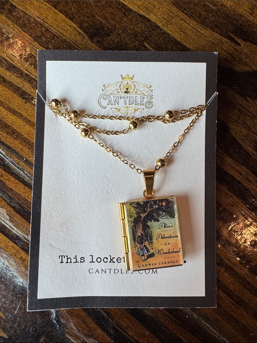 Gold Book Locket Necklace with Alice in Wonderland Cover